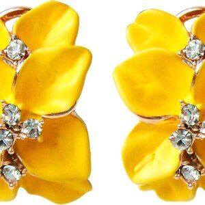 Colorful Enamel Leaves Flower 18k Gold Plated Crystals Hoop Earrings